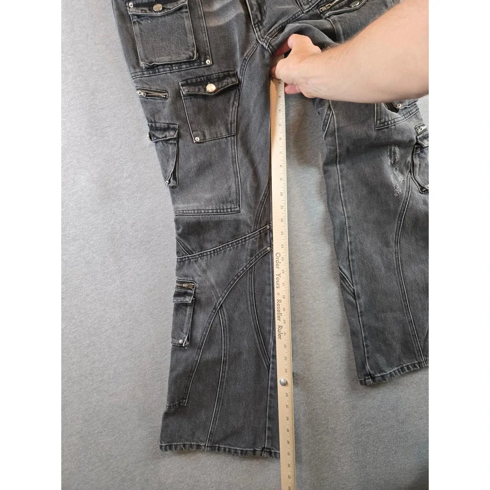 Insain Worldwide Cargo Jeans Mens L 34W Washed Black Streetwear Distressed Flare
